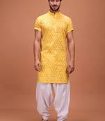Yellow Silk Half Sleeves Pathani Set For Mens