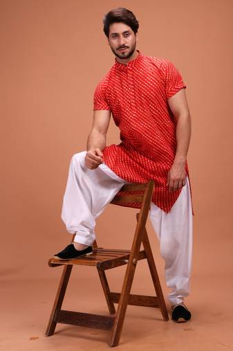 Red Silk Half Sleeves Pathani Set For Mens