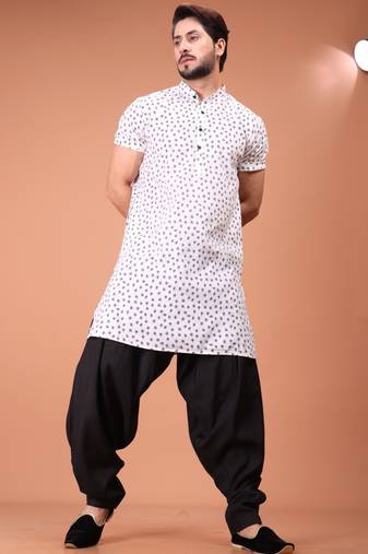 White Silk Half Sleeves Pathani Set For Mens