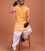 Orange Silk Half Sleeves Pathani Set For Mens