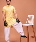 Yellow Silk Half Sleeves Pathani Set For Mens