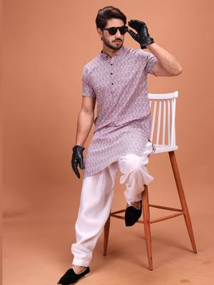 Purple Silk Half Sleeves Pathani Set For Mens 1