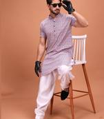 Purple Silk Half Sleeves Pathani Set For Mens