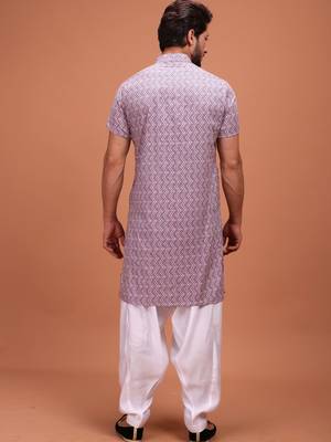 Purple Silk Half Sleeves Pathani Set For Mens 2