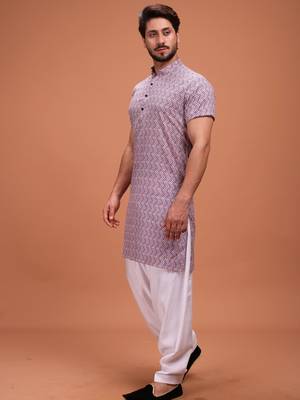 Purple Silk Half Sleeves Pathani Set For Mens 3