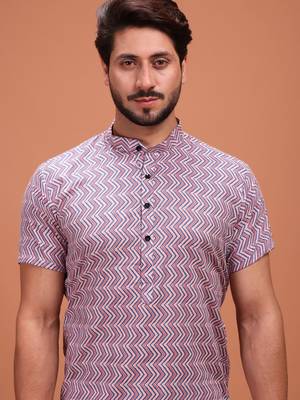 Purple Silk Half Sleeves Pathani Set For Mens 4