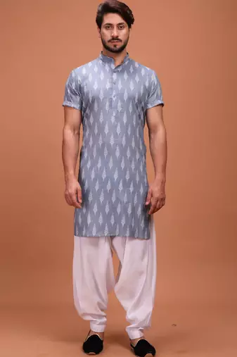 Grey Silk Half Sleeves Pathani Set For Mens