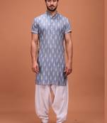 Grey Silk Half Sleeves Pathani Set For Mens