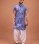 Blue Silk Half Sleeves Pathani Set For Mens