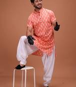 Pink Silk Half Sleeves Pathani Set For Mens