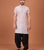 White And Beige Silk Half Sleeves Pathani Set For Mens