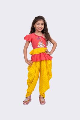 coral & yellow sleeveless cotton printed one shoulder top with dhoti 1