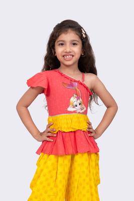 coral & yellow sleeveless cotton printed one shoulder top with dhoti 2