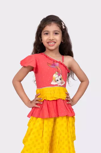 coral & yellow sleeveless cotton printed one shoulder top with dhoti