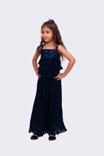navy blue sleeveless  sequenced top with palazzo