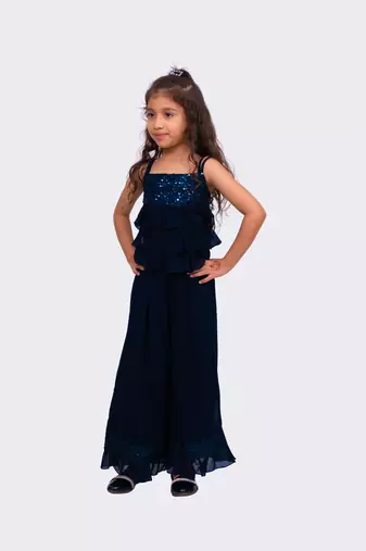 navy blue sleeveless  sequenced top with palazzo