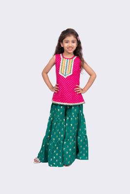 pink & green sleeveless cotton embellished top with sharara 1