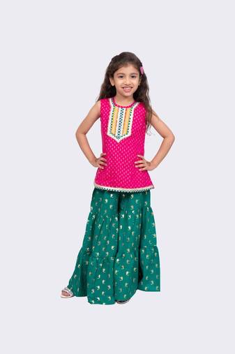 pink & green sleeveless cotton embellished top with sharara