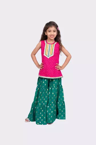 pink & green sleeveless cotton embellished top with sharara