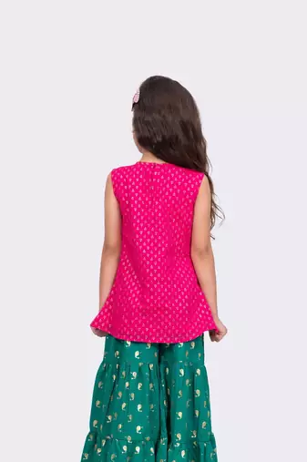pink & green sleeveless cotton embellished top with sharara