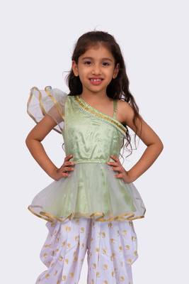 olive green & white sleeveless polyester one shoulder embellished top with dhoti 1