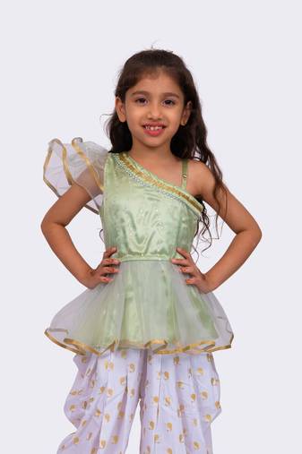 olive green & white sleeveless polyester one shoulder embellished top with dhoti