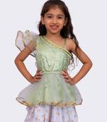 olive green & white sleeveless polyester one shoulder embellished top with dhoti