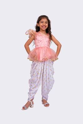 peach & white sleeveless polyester one shoulder embellished top with dhoti 1