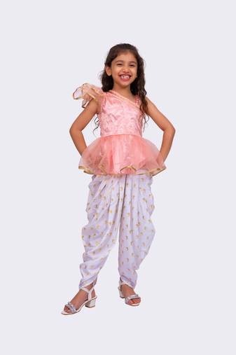 peach & white sleeveless polyester one shoulder embellished top with dhoti