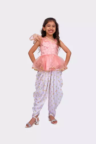 peach & white sleeveless polyester one shoulder embellished top with dhoti