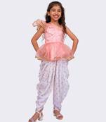 peach & white sleeveless polyester one shoulder embellished top with dhoti