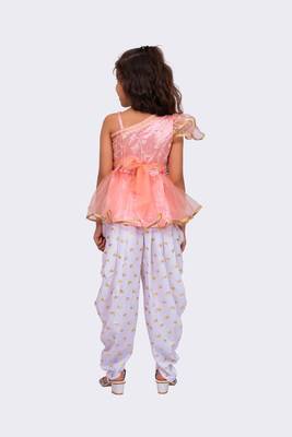 peach & white sleeveless polyester one shoulder embellished top with dhoti 2