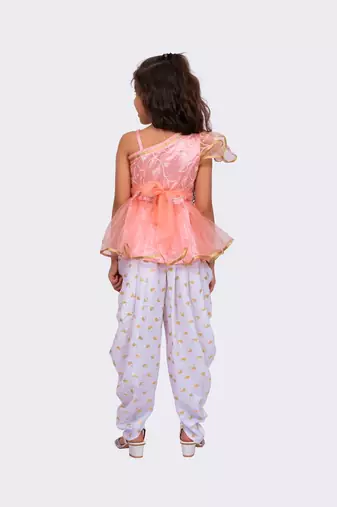 peach & white sleeveless polyester one shoulder embellished top with dhoti