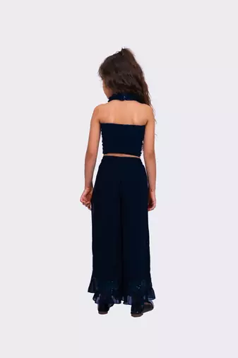 navy blue sleeveless halter neck embellished top with palazzo