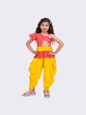 coral & yellow sleeveless cotton printed one shoulder top with dhoti 3