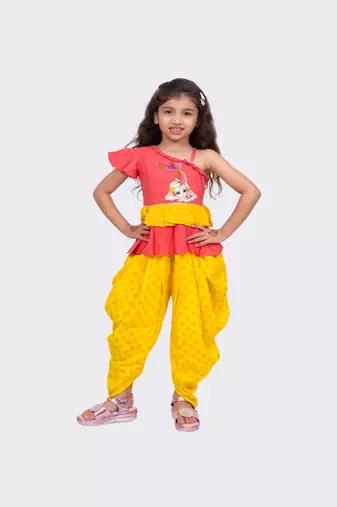 coral & yellow sleeveless cotton printed one shoulder top with dhoti