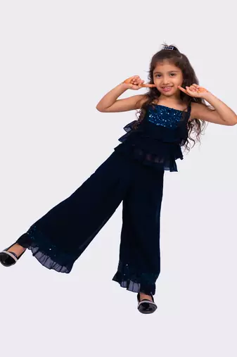 navy blue sleeveless  sequenced top with palazzo