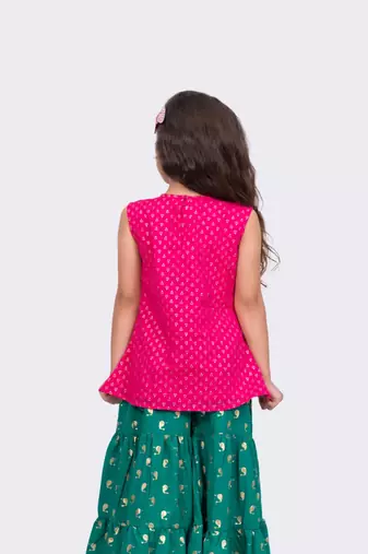pink & green sleeveless cotton embellished top with sharara
