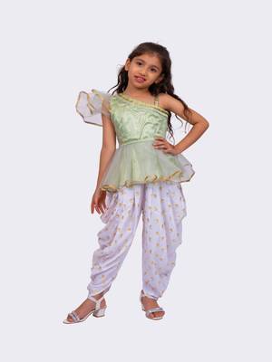 olive green & white sleeveless polyester one shoulder embellished top with dhoti 2