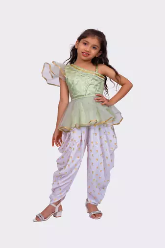 olive green & white sleeveless polyester one shoulder embellished top with dhoti