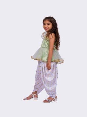olive green & white sleeveless polyester one shoulder embellished top with dhoti 3