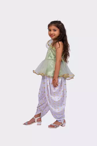 olive green & white sleeveless polyester one shoulder embellished top with dhoti