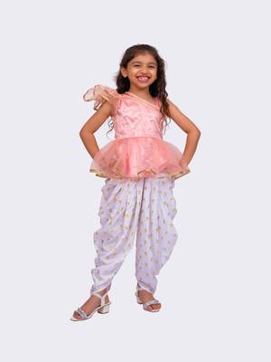 peach & white sleeveless polyester one shoulder embellished top with dhoti 3