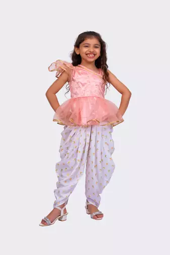 peach & white sleeveless polyester one shoulder embellished top with dhoti