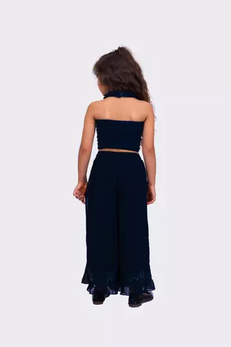 navy blue sleeveless halter neck embellished top with palazzo