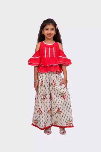 coral & white cold sleeve cotton top with printed sharara