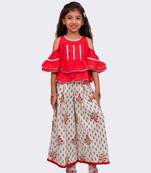 coral & white cold sleeve cotton top with printed sharara