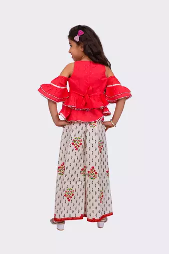 coral & white cold sleeve cotton top with printed sharara