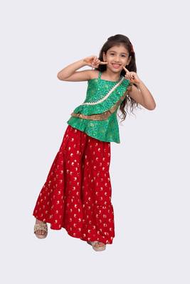 green & red sleeveless polyester one shoulder top with sharara 1
