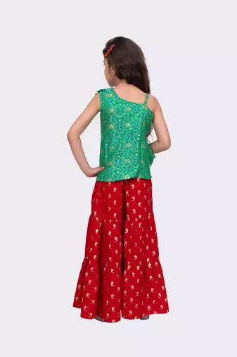 green & red sleeveless polyester one shoulder top with sharara